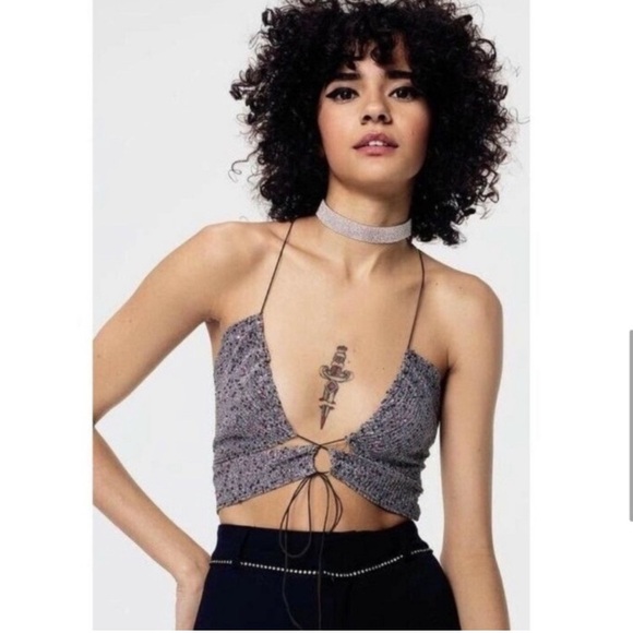 For Love and Lemons Revolve Silver Glitter Cut Out Bodysuit Top XS - Picture 1 of 15